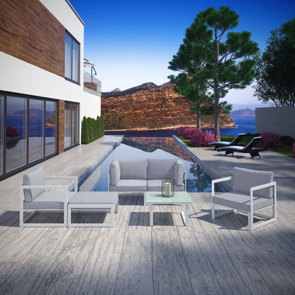 Fortuna 6 Pcs Outdoor Patio Sectional Sofa Set, White Grey Fabric Steel