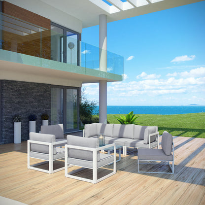 Fortuna 8 Pcs Outdoor Patio Sectional Sofa Set, White Grey Fabric Steel