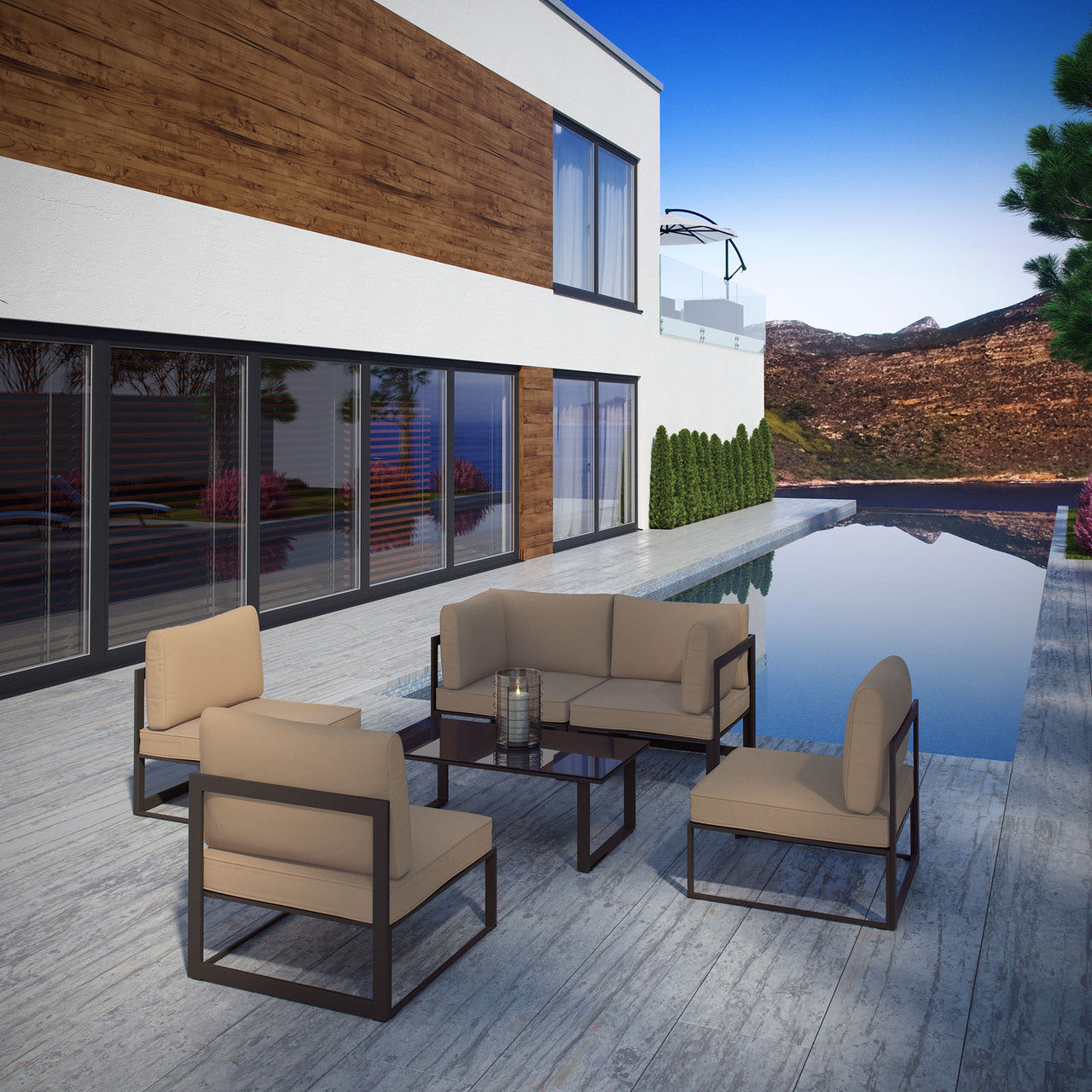 Fortuna 6 Pcs Outdoor Patio Sectional Sofa Set, Brown, Fabric Steel