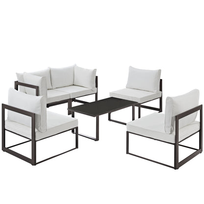 Fortuna 6 Pcs Outdoor Patio Sectional Sofa Set, Brown White, Fabric Steel