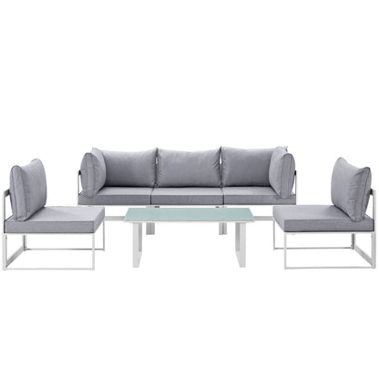 Fortuna 6 Pcs Outdoor Patio Sectional Sofa Set, White Grey, Fabric Steel