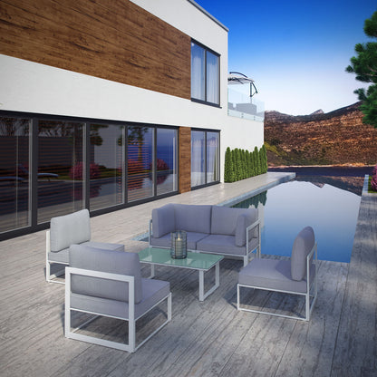Fortuna 6 Pcs Outdoor Patio Sectional Sofa Set, White Grey, Fabric Steel