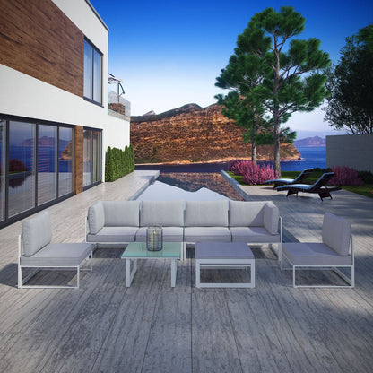 Fortuna 8 Pcs Outdoor Patio Sectional Sofa Set, White Grey, Fabric Steel