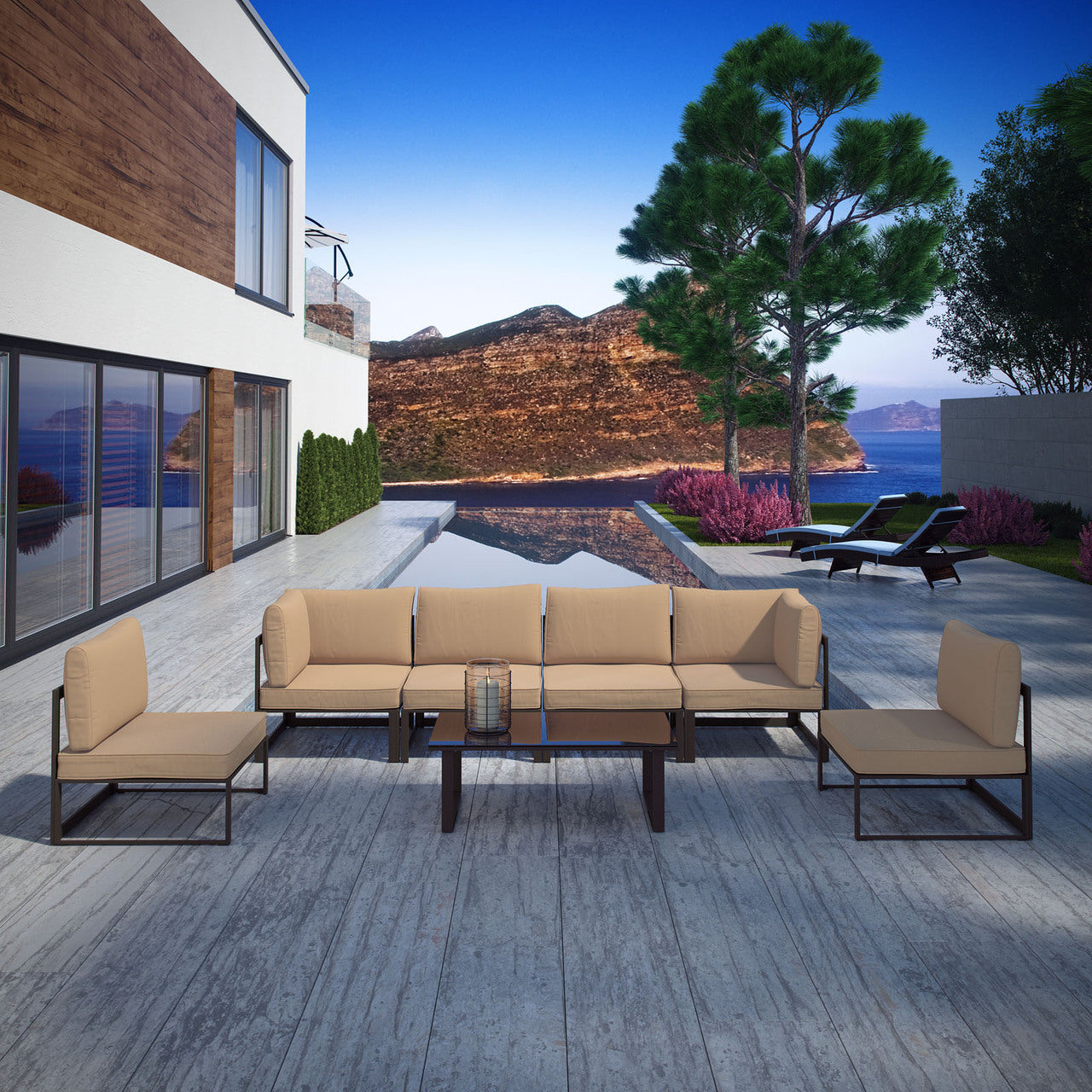 Fortuna 7 Pcs Outdoor Patio Sectional Sofa Set, Brown Fabric Steel