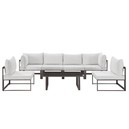 Fortuna 7 Pcs Outdoor Patio Sectional Sofa Set, Brown White Fabric Steel