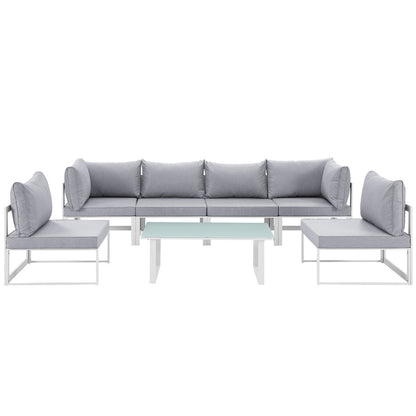 Fortuna 7 Pcs Outdoor Patio Sectional Sofa Set, White Grey Fabric Steel
