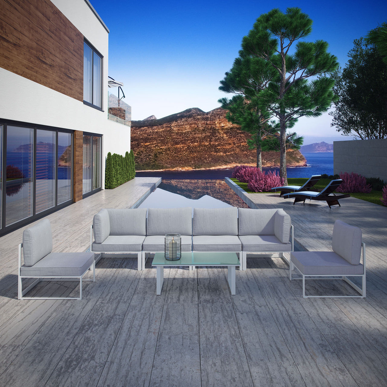 Fortuna 7 Pcs Outdoor Patio Sectional Sofa Set, White Grey Fabric Steel