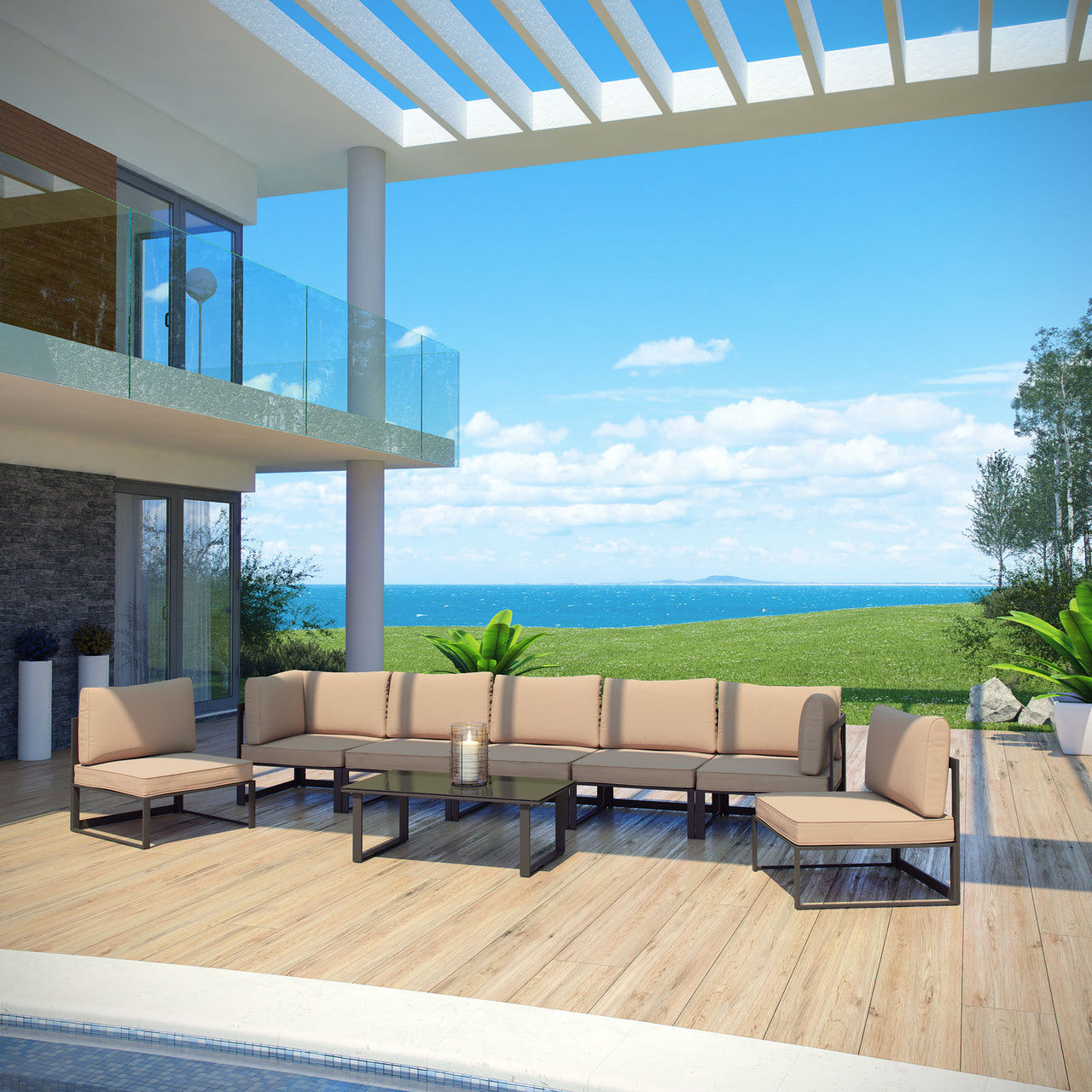 Fortuna 8 Piece Outdoor Patio Sectional Sofa Set, Brown Fabric Steel