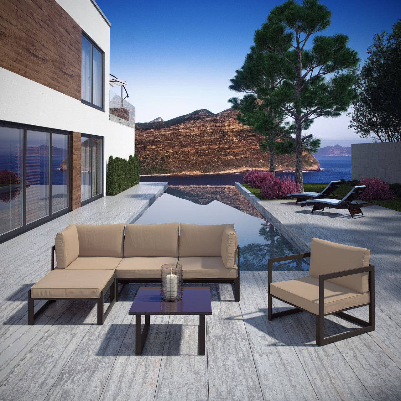 Fortuna 6 Piece Outdoor Patio Sectional Sofa Set, Steel Brown Fabric