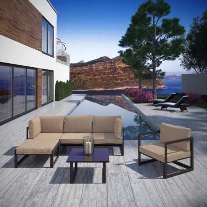 Fortuna 6 Piece Outdoor Patio Sectional Sofa Set, Steel Brown Fabric