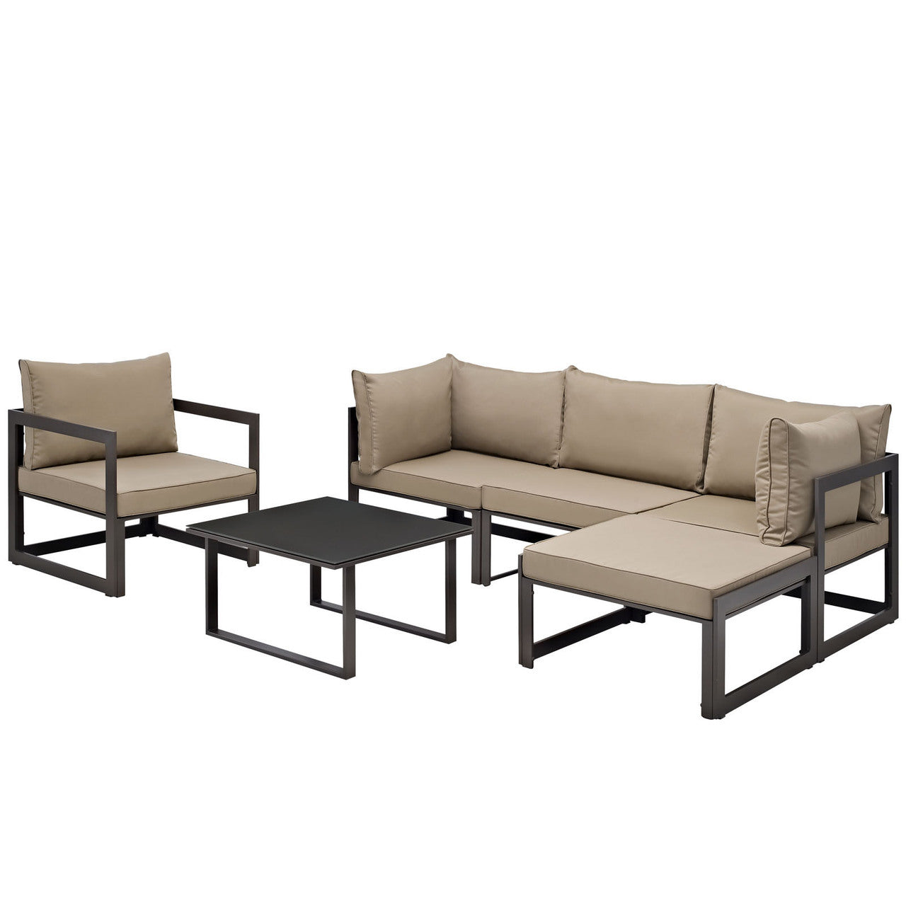 Fortuna 6 Piece Outdoor Patio Sectional Sofa Set, Steel Brown Fabric