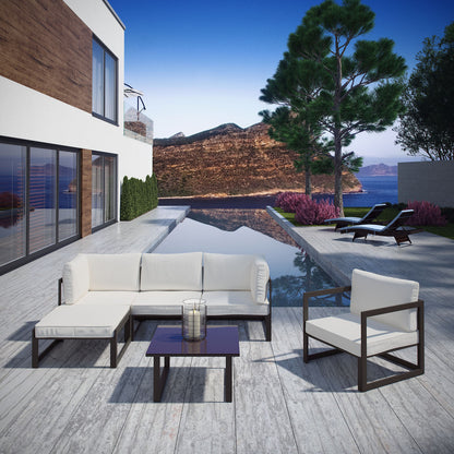 Fortuna 6 Piece Outdoor Patio Sectional Sofa Set, Steel Brown White Fabric