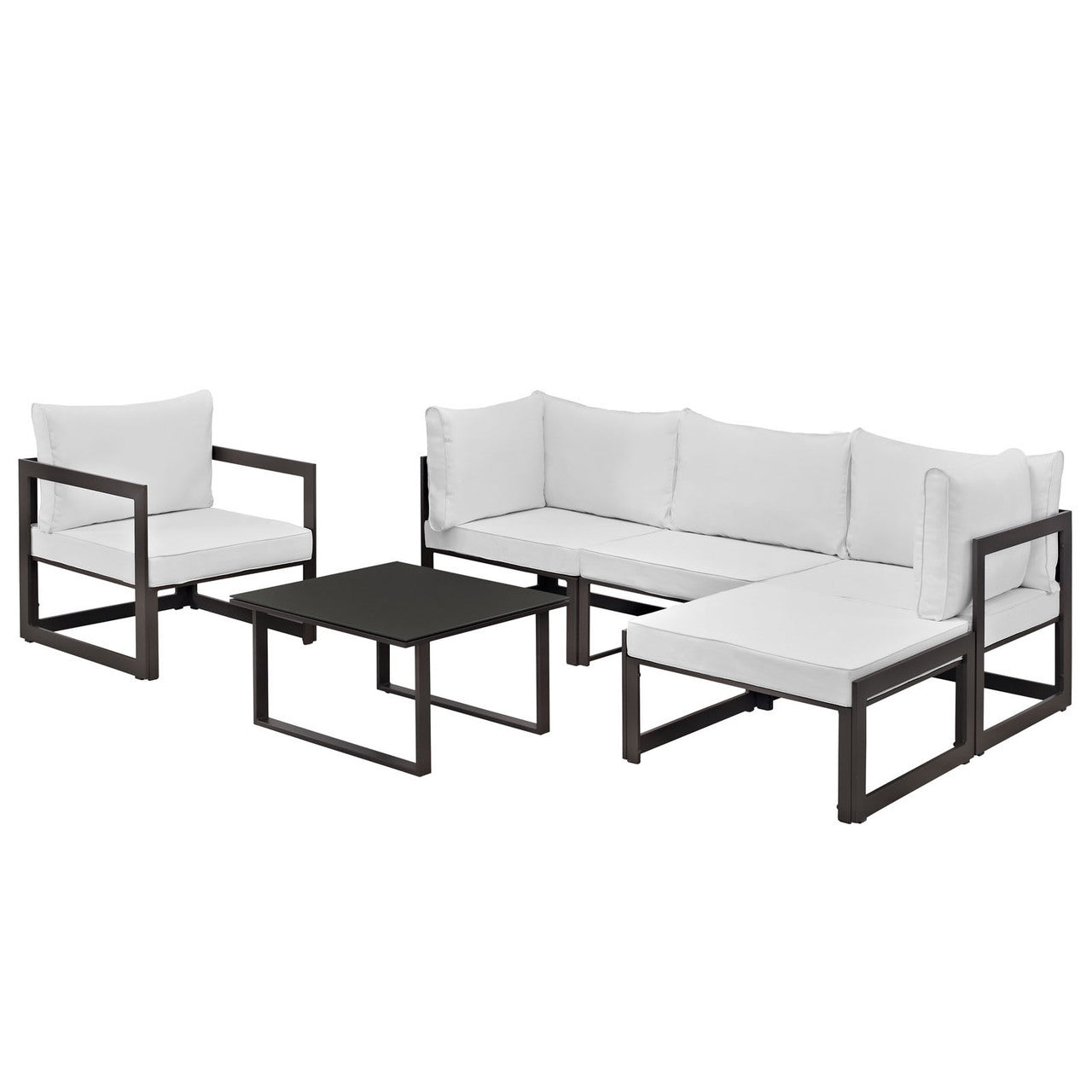 Fortuna 6 Piece Outdoor Patio Sectional Sofa Set, Steel Brown White Fabric
