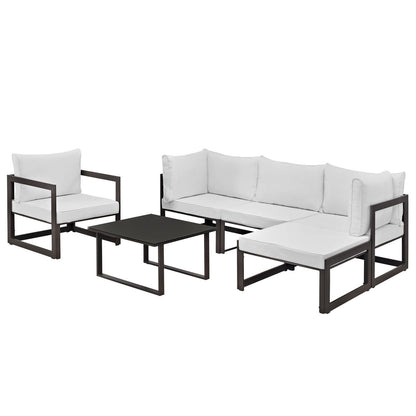 Fortuna 6 Piece Outdoor Patio Sectional Sofa Set, Steel Brown White Fabric
