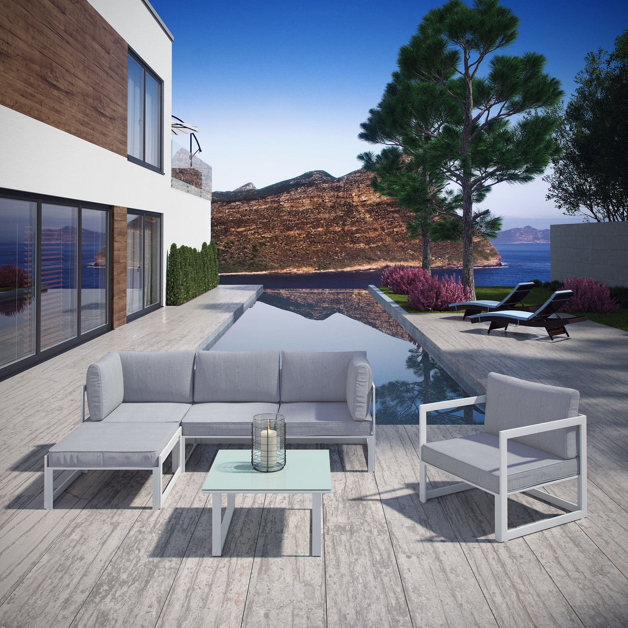 Fortuna 6 Piece Outdoor Patio Sectional Sofa Set, Steel White Grey Fabric