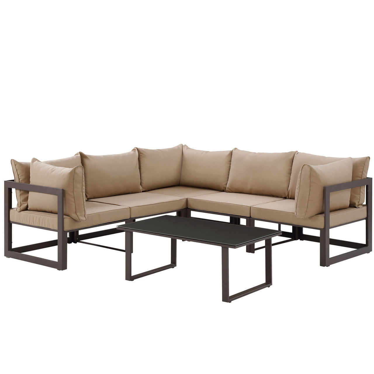 Fortuna 6 Piece Outdoor Patio Sectional Sofa Set, Steel, Brown Fabric