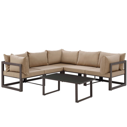 Fortuna 6 Piece Outdoor Patio Sectional Sofa Set, Steel, Brown Fabric