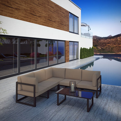 Fortuna 6 Piece Outdoor Patio Sectional Sofa Set, Steel, Brown Fabric