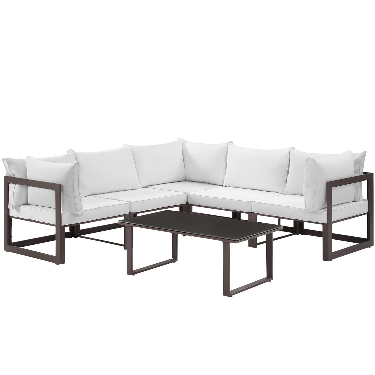 Fortuna 6 Piece Outdoor Patio Sectional Sofa Set, Steel, Brown White Fabric