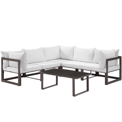 Fortuna 6 Piece Outdoor Patio Sectional Sofa Set, Steel, Brown White Fabric