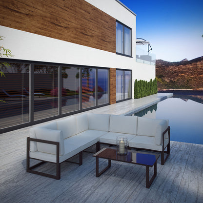Fortuna 6 Piece Outdoor Patio Sectional Sofa Set, Steel, Brown White Fabric