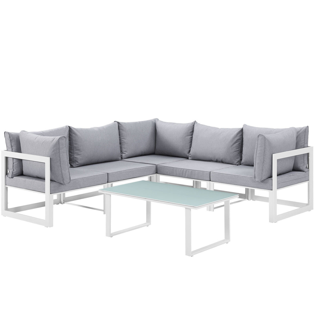 Fortuna 6 Piece Outdoor Patio Sectional Sofa Set, Steel, White Grey Fabric