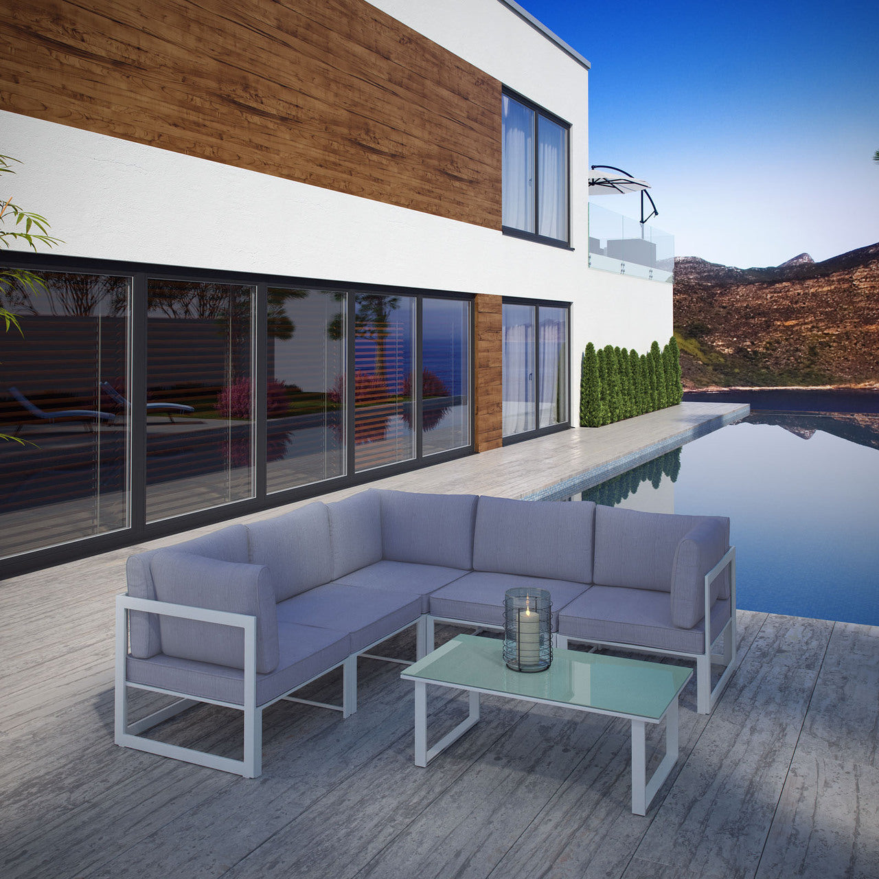 Fortuna 6 Piece Outdoor Patio Sectional Sofa Set, Steel, White Grey Fabric
