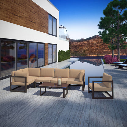 Fortuna 7 Piece Outdoor Patio Sectional Sofa Set, Brown Fabric Steel