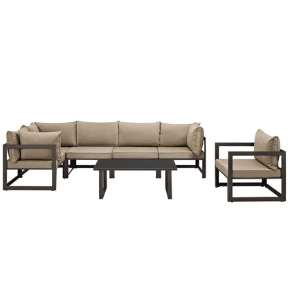 Fortuna 7 Piece Outdoor Patio Sectional Sofa Set, Brown Fabric Steel