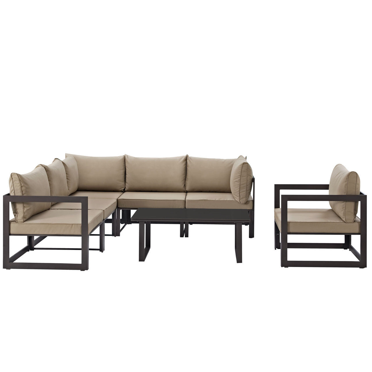 Fortuna 7 Piece Outdoor Patio Sectional Sofa Set, Brown Fabric Steel