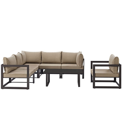 Fortuna 7 Piece Outdoor Patio Sectional Sofa Set, Brown Fabric Steel