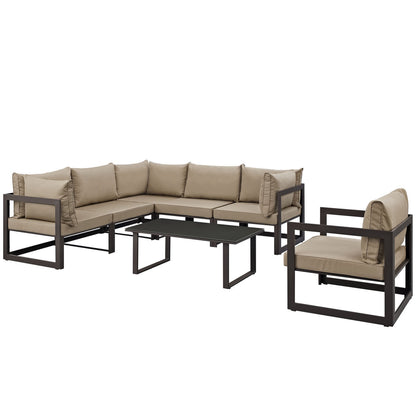 Fortuna 7 Piece Outdoor Patio Sectional Sofa Set, Brown Fabric Steel
