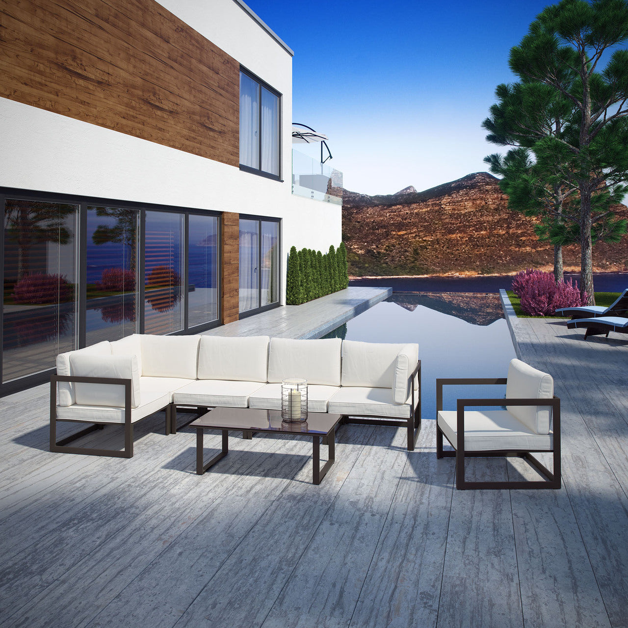 Fortuna 7 Piece Outdoor Patio Sectional Sofa Set, Brown White Fabric Steel
