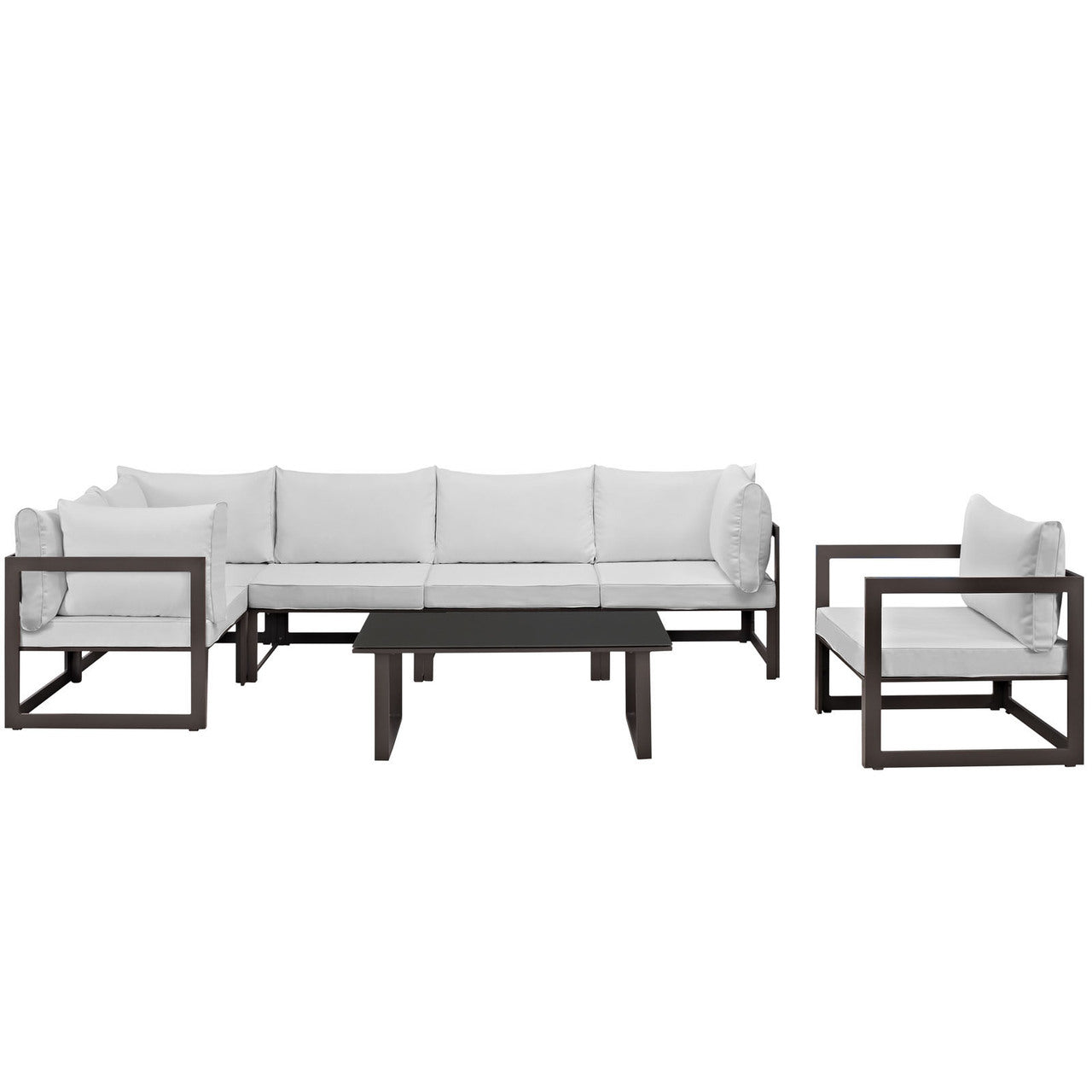 Fortuna 7 Piece Outdoor Patio Sectional Sofa Set, Brown White Fabric Steel