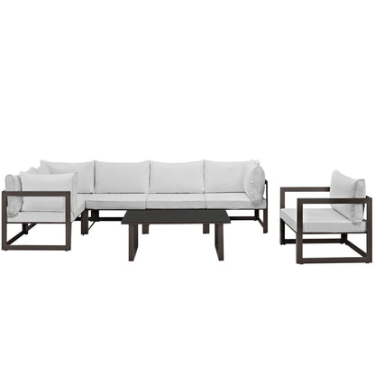 Fortuna 7 Piece Outdoor Patio Sectional Sofa Set, Brown White Fabric Steel
