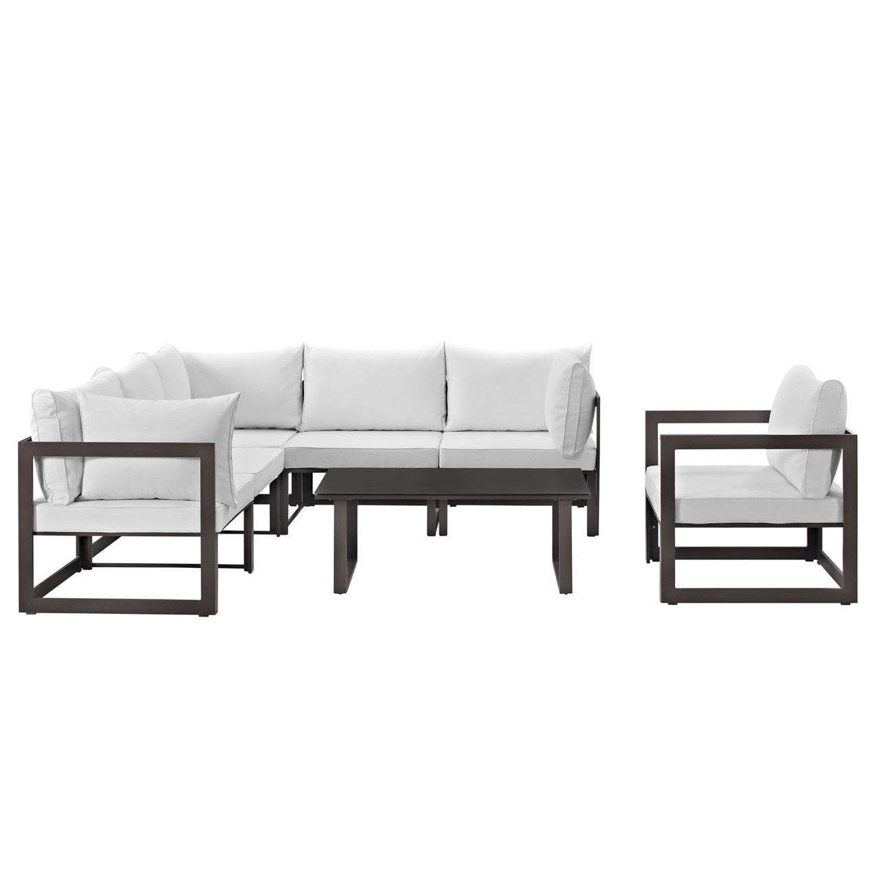 Fortuna 7 Piece Outdoor Patio Sectional Sofa Set, Brown White Fabric Steel