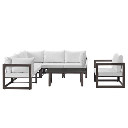 Fortuna 7 Piece Outdoor Patio Sectional Sofa Set, Brown White Fabric Steel