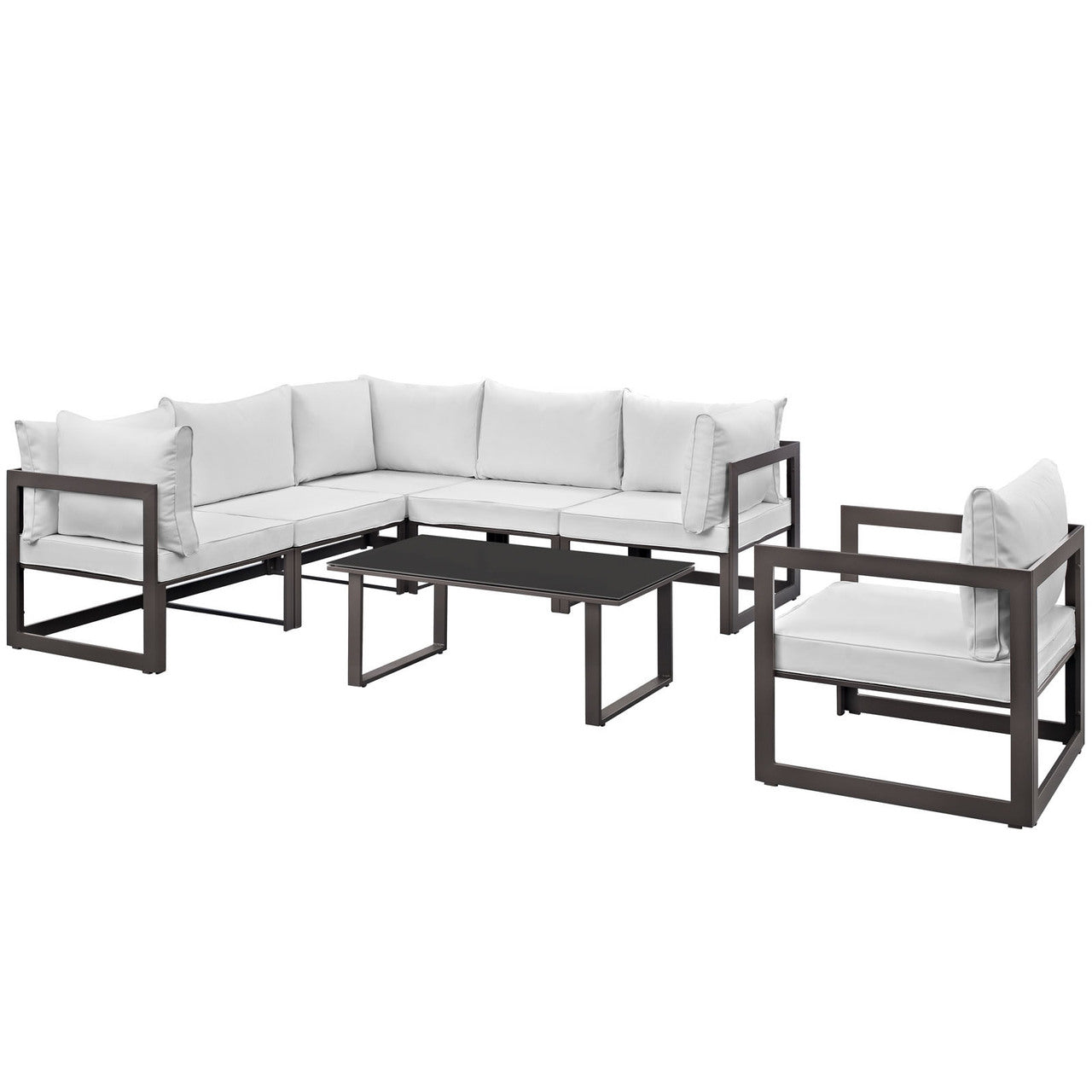 Fortuna 7 Piece Outdoor Patio Sectional Sofa Set, Brown White Fabric Steel