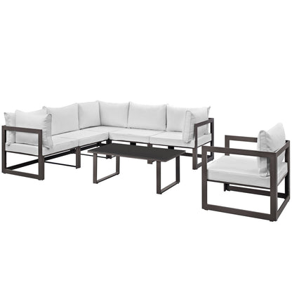 Fortuna 7 Piece Outdoor Patio Sectional Sofa Set, Brown White Fabric Steel