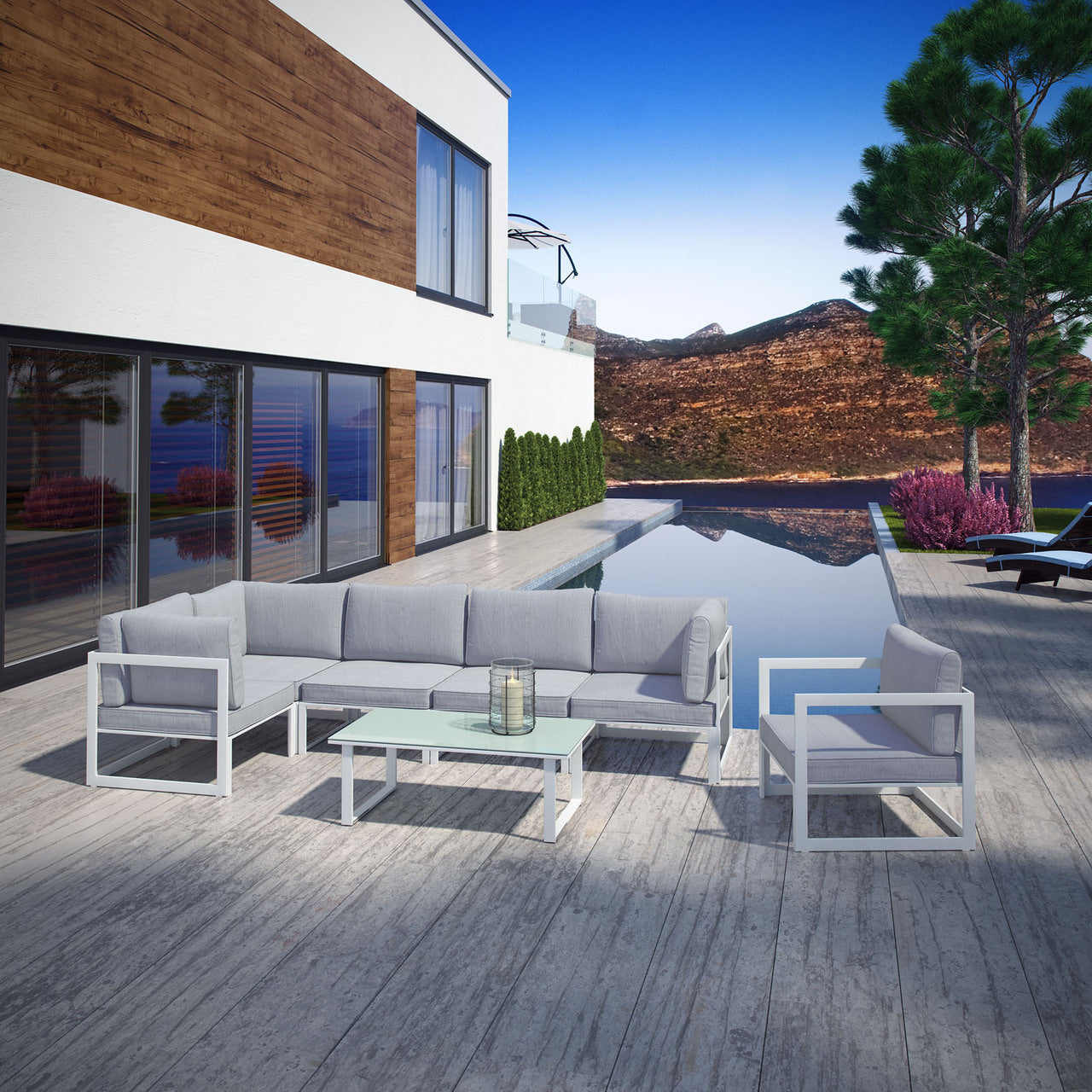 Fortuna 7 Piece Outdoor Patio Sectional Sofa Set, White Grey Fabric Steel