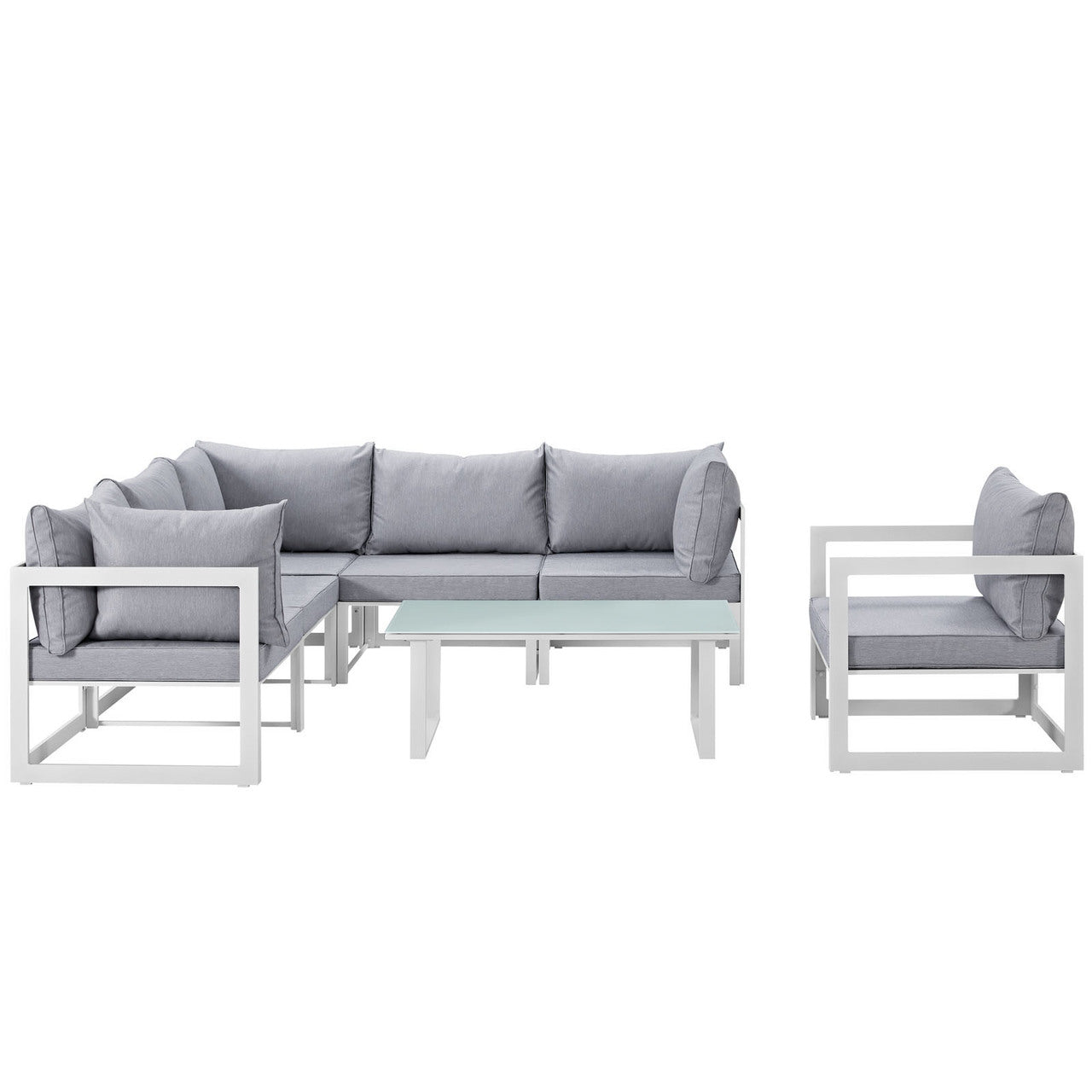 Fortuna 7 Piece Outdoor Patio Sectional Sofa Set, White Grey Fabric Steel