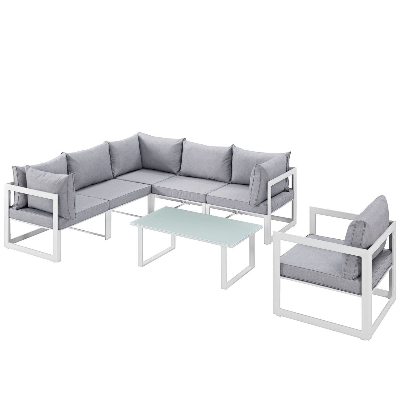 Fortuna 7 Piece Outdoor Patio Sectional Sofa Set, White Grey Fabric Steel