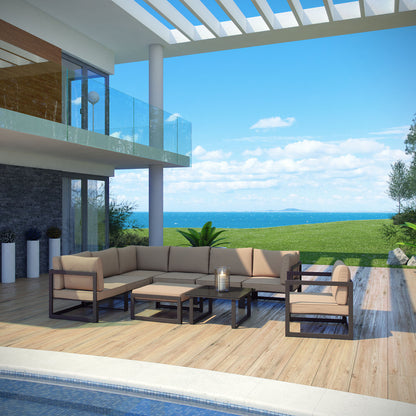 Fortuna 9 Piece Outdoor Patio Sectional Sofa Set, Brown Fabric Steel