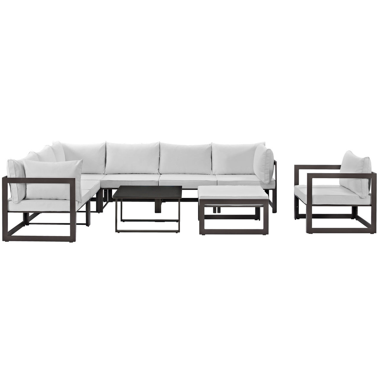 Fortuna 9 Piece Outdoor Patio Sectional Sofa Set, Brown White Fabric Steel
