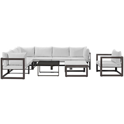 Fortuna 9 Piece Outdoor Patio Sectional Sofa Set, Brown White Fabric Steel