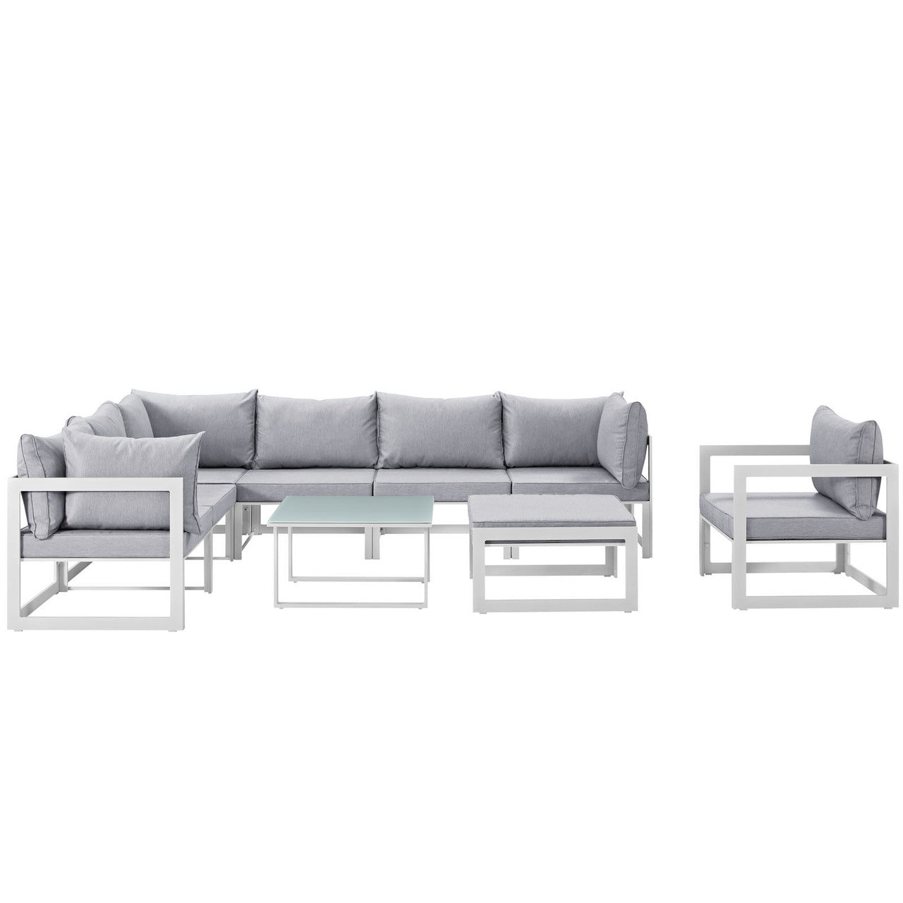 Fortuna 9 Piece Outdoor Patio Sectional Sofa Set, White Grey Fabric Steel
