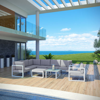 Fortuna 9 Piece Outdoor Patio Sectional Sofa Set, White Grey Fabric Steel