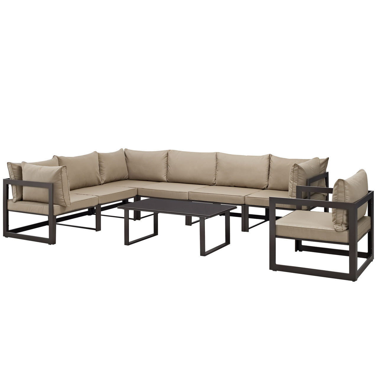 Fortuna 8 Piece Outdoor Patio Sectional Sofa Set, Steel, Brown Fabric