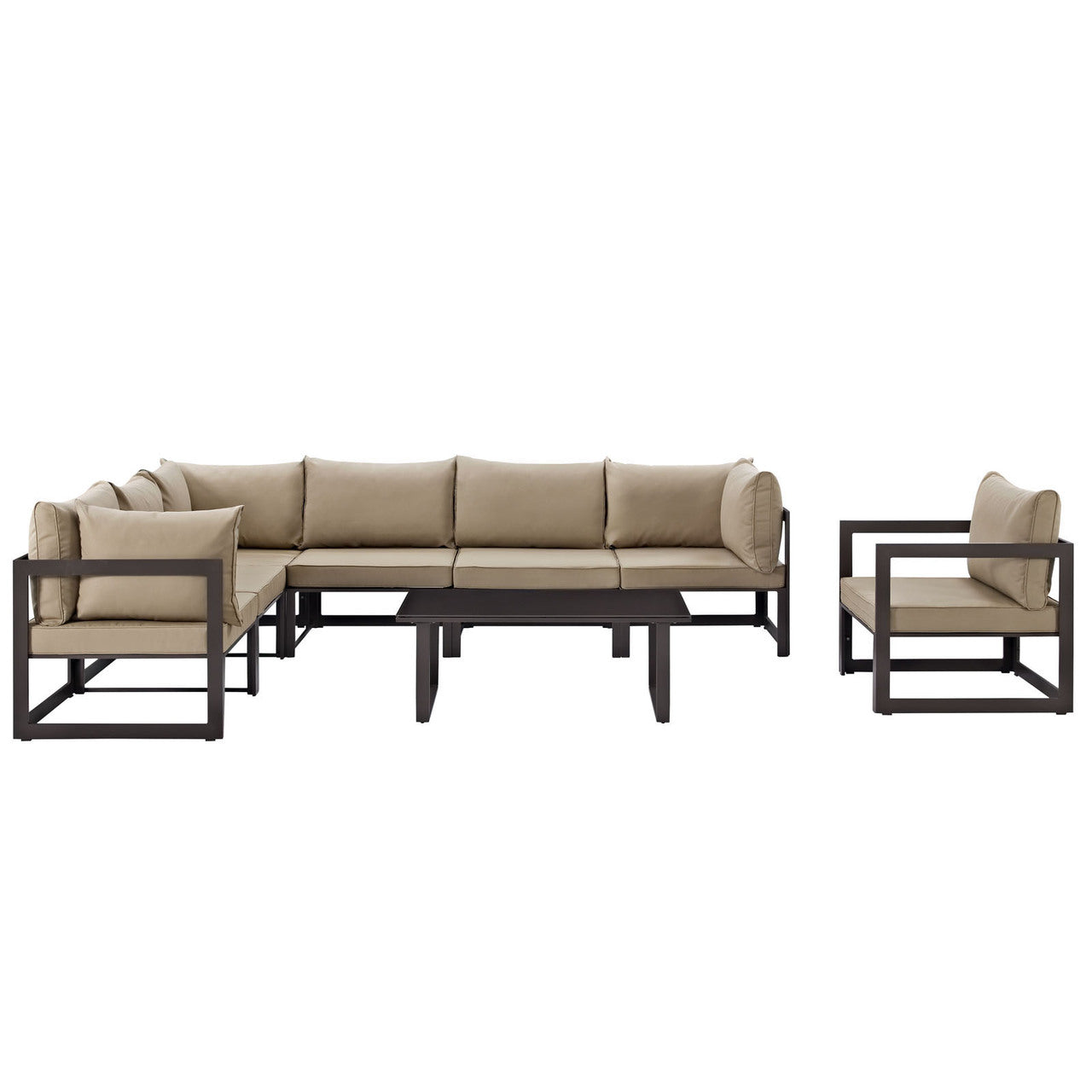 Fortuna 8 Piece Outdoor Patio Sectional Sofa Set, Steel, Brown Fabric