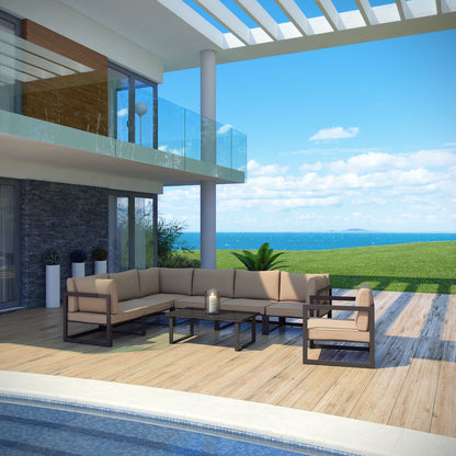 Fortuna 8 Piece Outdoor Patio Sectional Sofa Set, Steel, Brown Fabric